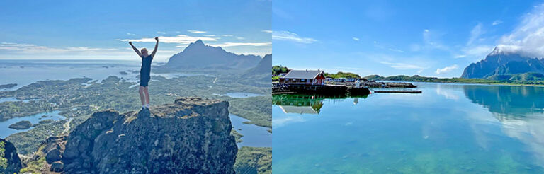 Under resan kommer vi att vara både högt och lågt i Lofoten! Vänster: Tjeldbergtinden / Höger: Stranden vid Skårungen / Foto: Catrine Olsen